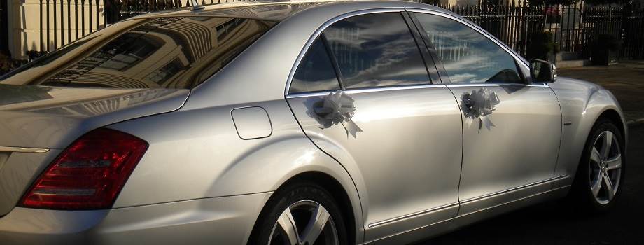   Silver S-Class Mercedes wedding car